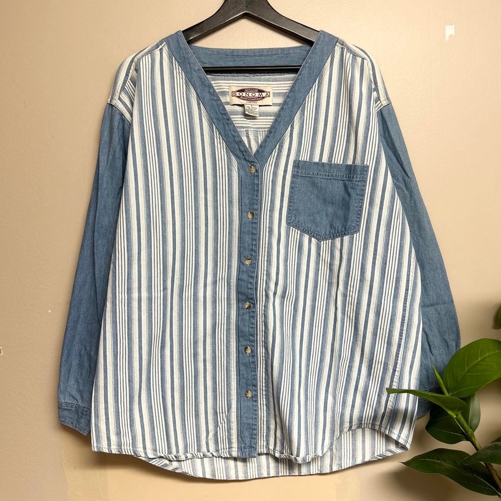 Vintage 90s Sonoma Denim Striped V-Neck Button Up Shirt Mens L Blue White